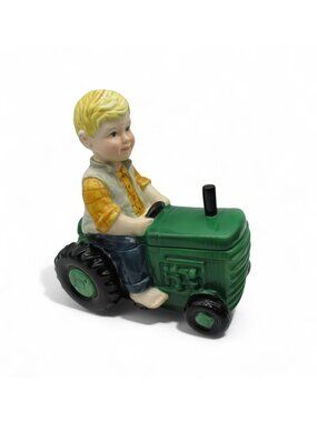Vintage Ceramic Tractor Cookie Jar Blonde Boy Riding Green Tractor With Lid 11.5